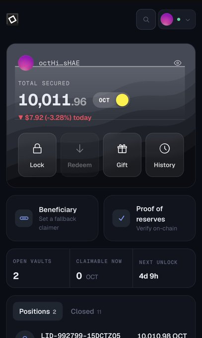 A dark-themed cryptocurrency wallet interface showing 'octhi_SIAE' with a 'TOTAL SECURED' balance of 10,011.96 OCT, down 3.28% today, featuring buttons for Lock, Redeem, Gift, and History.