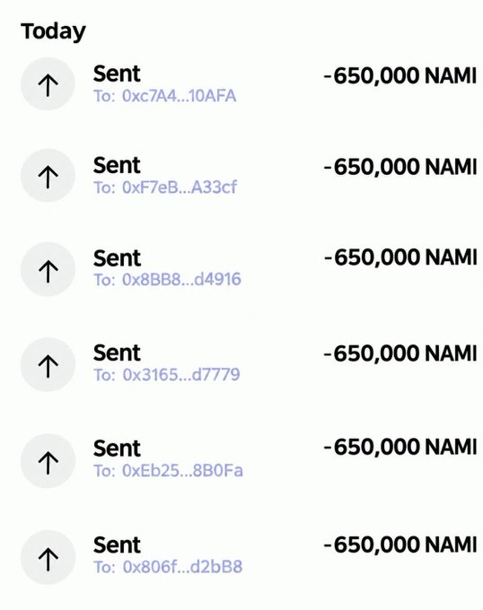A transaction-history screenshot dated “Today” shows six outgoing “Sent” transactions, each for “-650,000 NAMI,” to truncated wallet addresses such as “0x7aA4…10AFA.” This illustrates multiple 650,000 $NAMI reward distributions associated with the October 28 launch promotion.