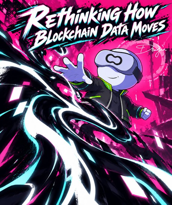 An anime-style promotional illustration with the title 'Rethinking How Blockchain Data Moves' shows a character in a VR headset and cyberpunk jacket reaching forward amid dynamic pink and teal energy swirls.