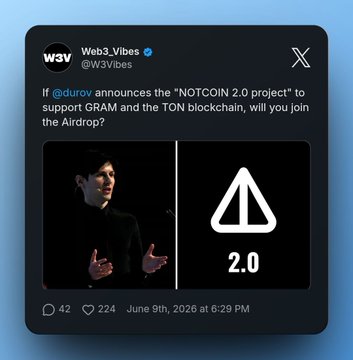 The image shows a screenshot or summary of the Twitter post about a speaker at the Web 3.Vives conference. The summary reads, "If @Durro announces 'NOTO coin 2.0 project to support GRAM and TON blockchain will you join the AIRDROP?" The tweet includes two pictures - one with a man giving instructions on stage, and another showing a graphic of an upward arrow pointing towards the project's title. It also has the hashtag "#Not2.0" followed by the date "June 9th, 2026 at 6:29 pm."