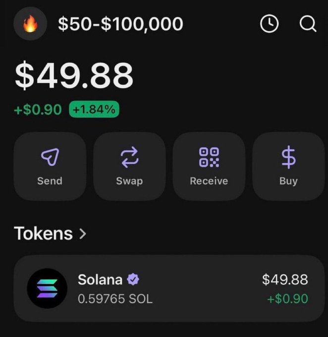 The image shows a crypto wallet display showing $49.88 (with a +$0.90 / +1.84% gain) in total balance, holding 0.59765 Solana (SOL) at $49.88. It visually supports the "$50 SOL to $100,000 challenge" promotion, displaying the starting balance close to $50 as advertised in the post.