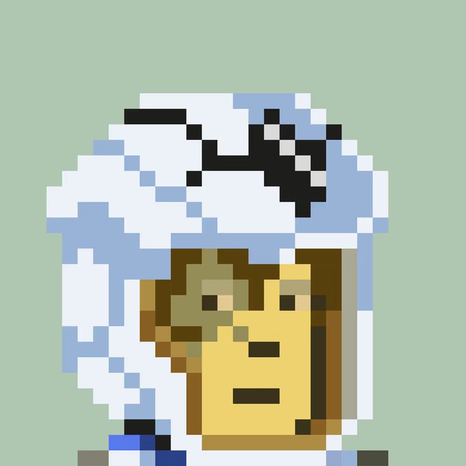 A pixel art portrait shows a character with brown hair, a neutral expression, and a white and blue helmet or headpiece against a pale green background.