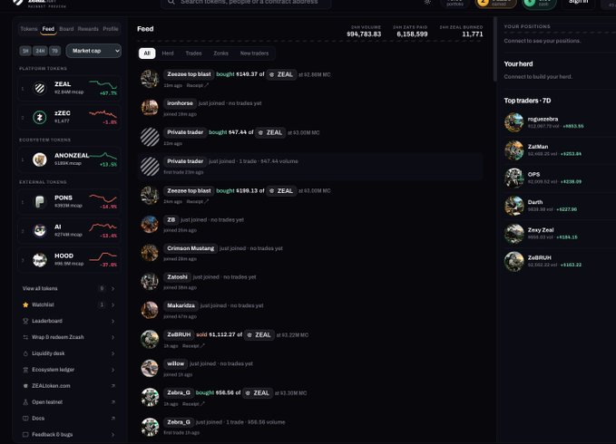 Screenshot of a Zcash blockchain explorer website displaying recent block activity, including transactions and joined traders, with tokens like ZEAL, zZEC, ANONZEAL, PONS, AI, and HOOD listed on the left sidebar.
