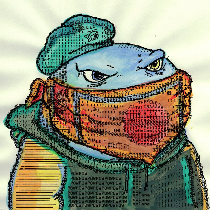 A colorful, mixed-media illustration of a figure wearing a cap and scarf, with text overlays including "THEEEEE CATAL INAAAA," "powPOW," "solana," and various symbols covering the clothing.