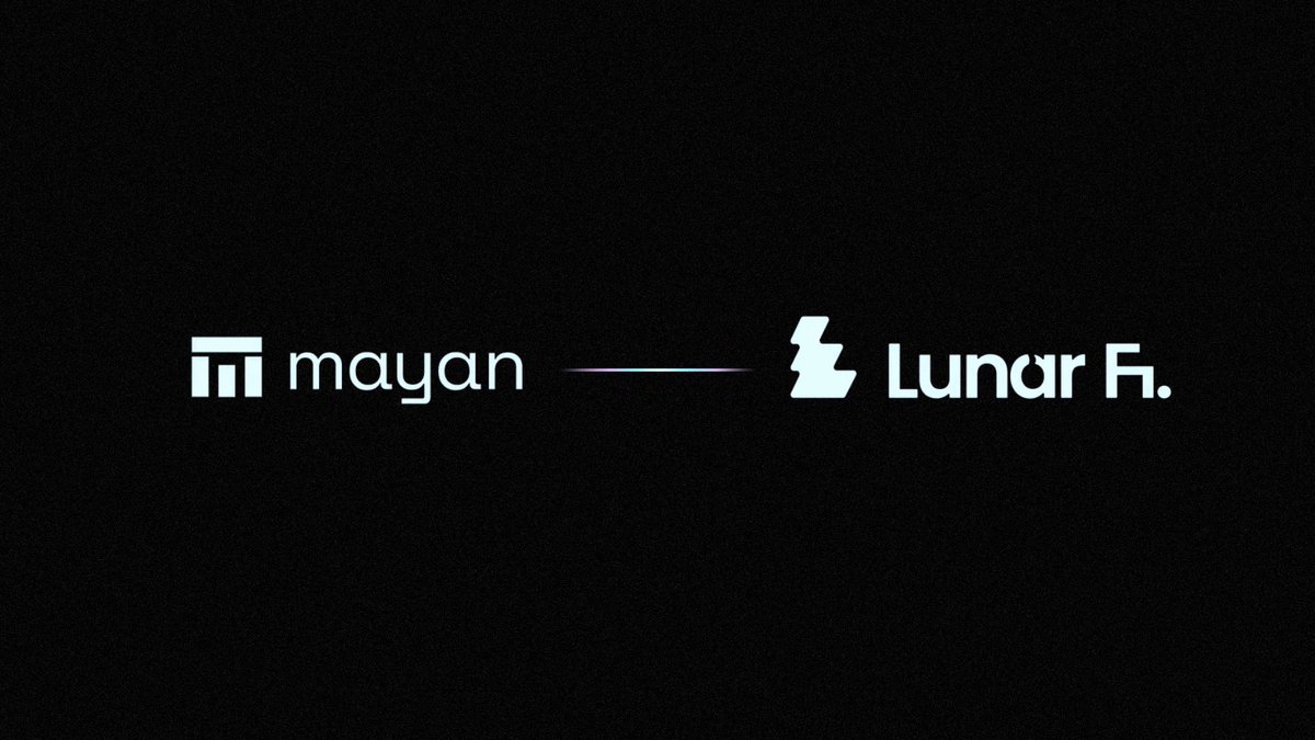 A minimalist black banner showcases the "Mayan" and "Lunar Fi." logos side by side, separated by a thin horizontal line, visually announcing their integration. This design highlights the partnership that brings Mayan's instant cross-chain swaps into Lunar's route comparison aggregator for optimal trade execution.