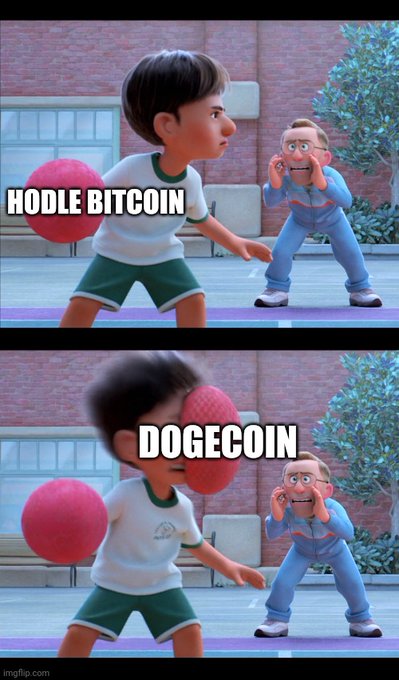 A two-panel meme showing an animated boy holding a dodgeball labeled "HODL BITCOIN" preparing to throw it at a smaller nervous-looking boy, with the second panel showing the dodgeball now labeled "DOGECOIN" about to hit the boy in the face, illustrating how shifting from Bitcoin to Dogecoin leads to a harsh downfall.