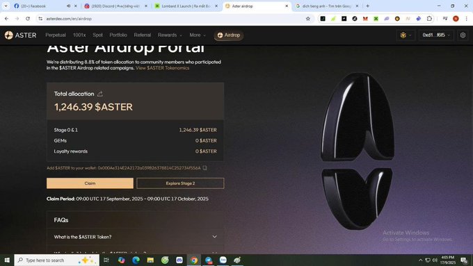 The image shows the Aster airdrop claim page on airdrop.asterdex.com, displaying a total allocation of 1,246.39 $ASTER for the contributor address, with options to "Claim" or "Explore Stage 2," directly illustrating the ASTER airdrop rewards referenced in the post about CZ-supported tokens pumping airdrop coins.