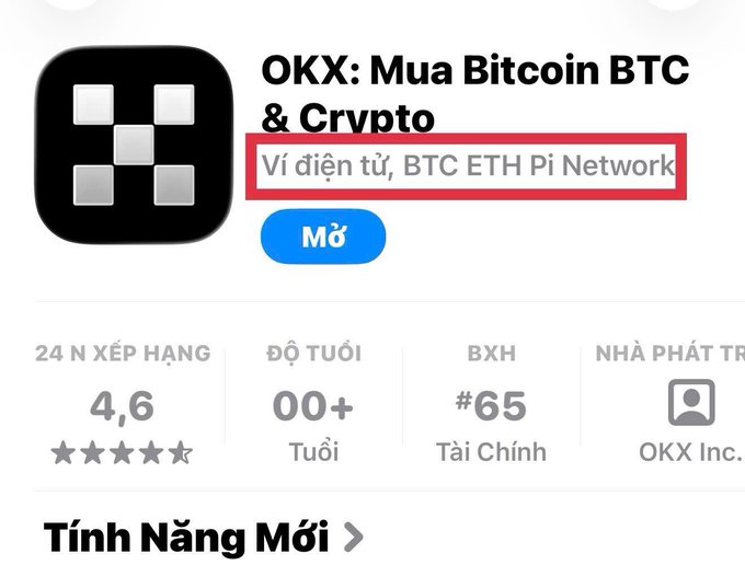 The image is an App Store listing screenshot for the OKX app, with the highlighted text "Ví điện tử, BTC ETH Pi Network" indicating its features as an electronic wallet supporting Bitcoin, Ethereum, and Pi Network cryptocurrencies.

The caption relates to the post "Great one" by showcasing the app's recognition with a 4.6-star rating and #65 position in the Finance category.