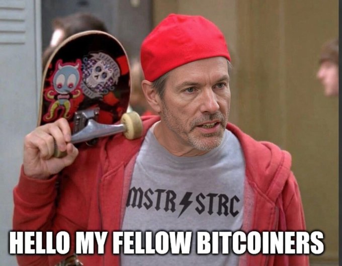 This post features a man wearing a red hat and shirt who has been tagged with the hashtag #HelloMyFellow Bitcoins as well as another message that reads "Meet my fellow Bitcoins". This post may be related to Bitcoiners or cryptocurrency enthusiasts, given Michael Saylor's reputation for attracting attention and garnering interest in Bitcoin and other cryptocurrencies. The man in the image seems to have gained some recognition due to his involvement with Bitcoin and possibly by being tagged with a humorous caption that incorporates both of these elements.