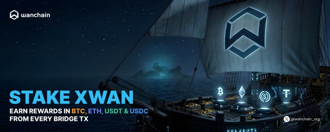 A promotional banner for wanchain advertising 'STAKE XWAN - EARN REWARDS IN BTC, ETH, USDT & USDC FROM EVERY BRIDGE TX' featuring a pirate ship under a starry night sky with the Wanchain logo on a sail.