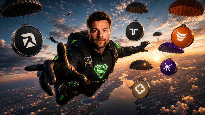 A skydiver in a neon green suit reaches out towards multiple cryptocurrency symbols falling from parachutes, symbolizing the hunt for new airdrops. The logos visible include those of [symbol name], [symbol name], and [symbol name].