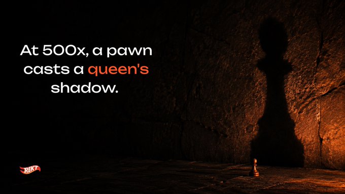 A tiny chess pawn stands in a dimly lit room, casting a dramatic oversized queen's shadow against a stone wall, with the tagline "At 500x, a pawn casts a queen's shadow." and the Rekt logo in the bottom corner—visually capturing how the platform's extreme 500x leverage can turn small trades into massive wins.