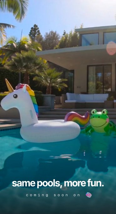 An advertisement for a pool product featuring an inflatable unicorn and frog floating in a swimming pool, with the text 'same pools, more fun.' and 'coming soon on' followed by a logo.