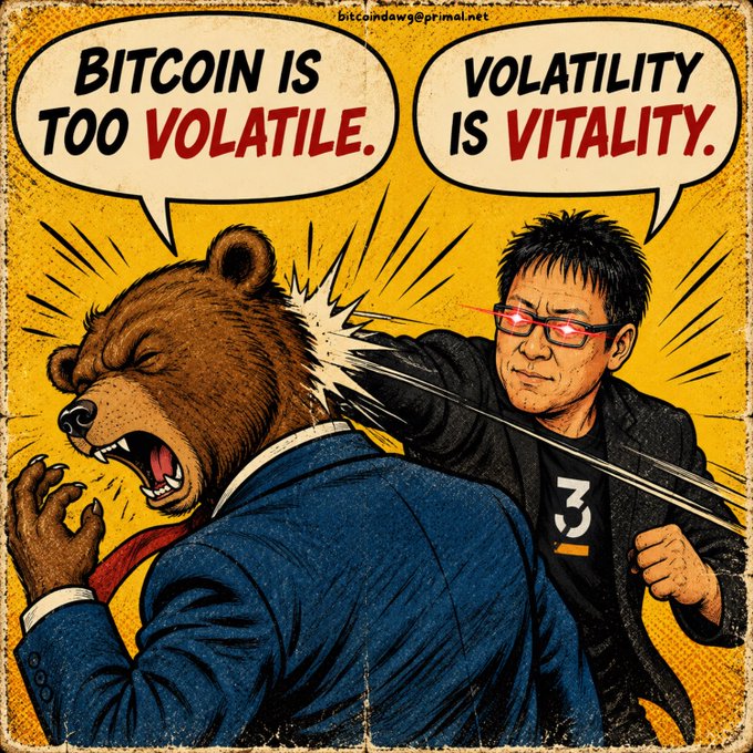 A comic-style illustration with the header 'bitcoindaws@primal.net' showing a bear representing Bitcoin volatility being punched, with speech bubbles reading 'BITCOIN IS TOO VOLATILE' and 'VOLATILITY IS VITALITY'.