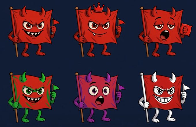 A set of six cartoon red devil flags with faces, legs, and arms, holding their flagpoles, shown in various color variations (green, purple, white accents) and expressions (angry, smiling, yawning).