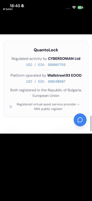 A mobile screen shows a white card titled “QuantoLock,” listing regulated activity by “CYBERSONIAN Ltd,” UIC/EIK 200897723, platform operator “Wallstreet93 EOOD,” UIC/EIK 206198587, registration in the Republic of Bulgaria, and NRA public register status.