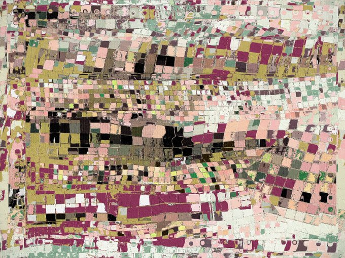 An abstract digital artwork featuring a pixelated, grid-like pattern in shades of pink, green, black, white, and yellow.