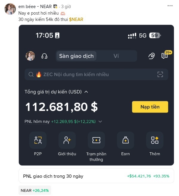 A screenshot of a Binance trading app showing a Vietnamese social media post about $NEAR cryptocurrency profits, with a portfolio value of 112,681.80 USD and a daily PNL of +12,269.95$ (+12.22%).