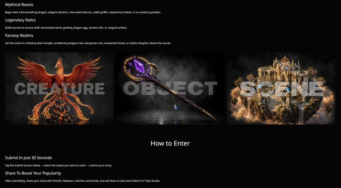 A webpage showing fantasy-themed contest categories including 'Mythical Beasts', 'Legendary Relics', and 'Fantasy Realms', with 'CREATURE', 'OBJECT', and 'SCENE' labels over fantasy images.