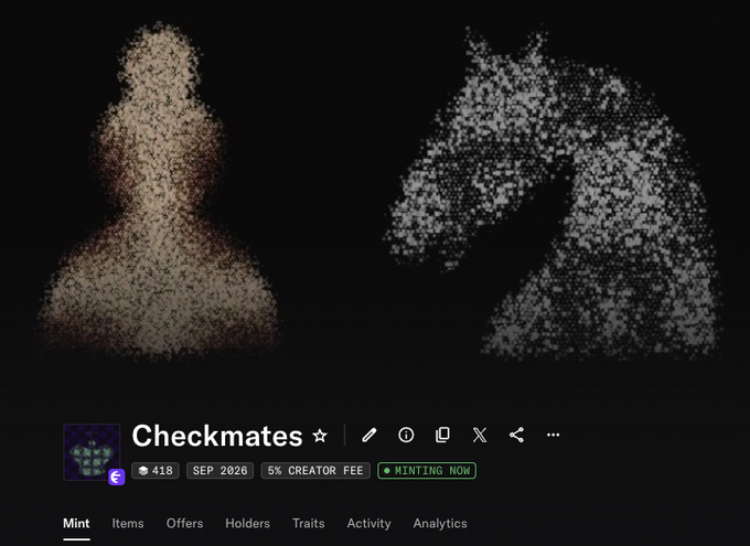 A screenshot of a digital art collection named 'Checkmates' with a 'MINTING NOW' button, displaying abstract particle-like silhouettes of a chess pawn and a horse piece.