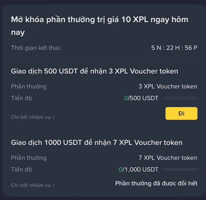 Vietnamese-language task screen titled 'Mở khóa phần thưởng trị giá 10 XPL ngay hôm nay' offering XPL Voucher tokens for trading 500 USDT (3 XPL) or 1000 USDT (7 XPL).