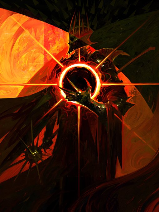 A dark, menacing figure with pointed ears and a spiked crown stands centrally, radiating intense crimson light from a glowing ring held in its hand, with sharp beams projecting outward against a fiery, swirling backdrop. The image evokes the "Ring token" theme by depicting a sinister bearer of a powerful, ominous red ring.