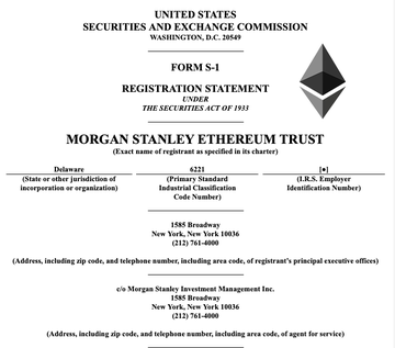 The image features a document titled "Form-1 Registration Statement" with a black and white background, which appears to be related to cryptocurrency exchanges or ICOs (Initial Coin Offerings). The text of the document indicates that this is an update on the registration statement for Morgan Stanley's Ethereum Trust Fund. The document also includes information about the fees associated with these funds, as well as details about the asset managers involved in the ICOs.