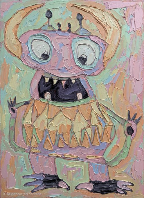 An AI-generated painting of a colorful cartoon monster with large bulging eyes, an orange and pink body, sharp teeth in a wide grin, horn-like ears, and small limbs with claws.