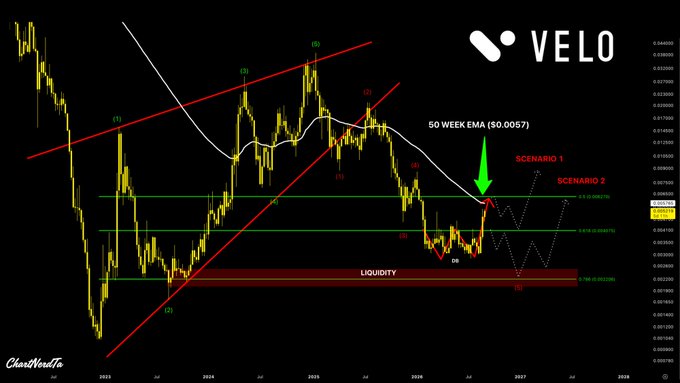 The image displays a technical analysis chart of $VELO/USD on a 2-day timeframe, featuring Elliott Wave labels, a rising wedge pattern, a 50-week EMA at $0.0057, and horizontal Fibonacci retracement levels marking two potential reversal scenarios (Scenario 1 to $0.00625 and Scenario 2 to $0.0070) following a double bottom breakout.