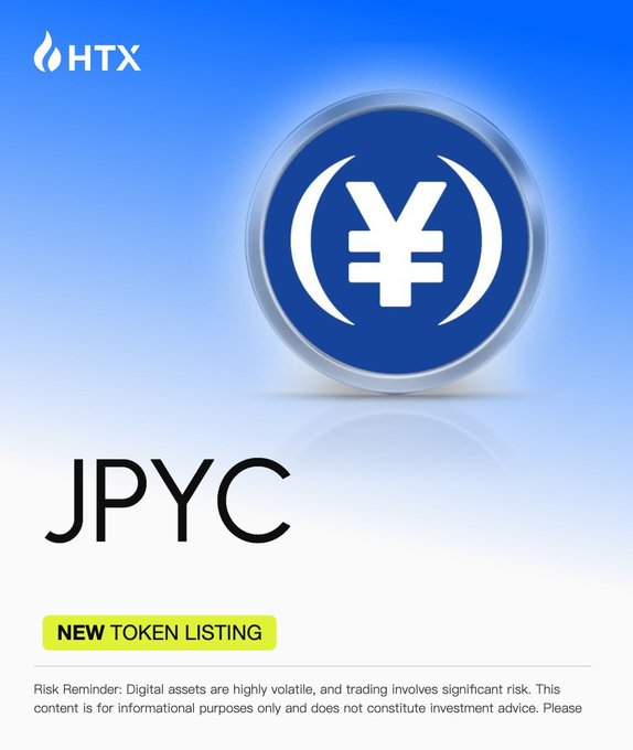 HTX promotional graphic announcing the new token listing of JPYC, featuring the HTX logo and JPYC's blue coin emblem with a risk disclaimer at the bottom.