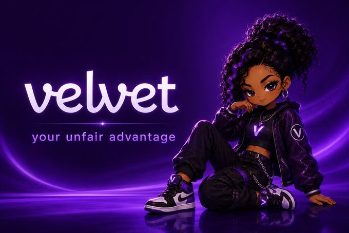 An advertisement for 'velvet' displays the tagline 'your unfair advantage' beside a stylized cartoon character with curly hair wearing black streetwear against a purple background.