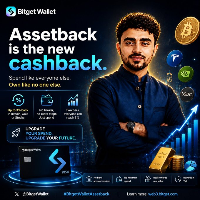 A promotional advertisement for 'Bitget Wallet' featuring a man with crossed arms, promoting 'Assetback is the new cashback' with benefits including up to 3% back in Bitcoin, Gold or Stocks, showcasing a Visa debit card and various cryptocurrency coins like Bitcoin, USDT, USDC, and gold bars.