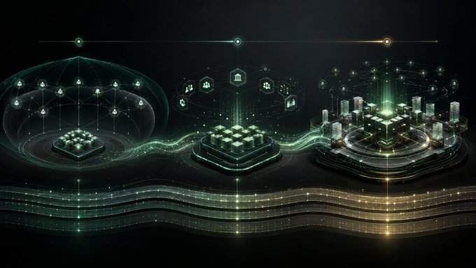 Futuristic digital art depicting interconnected blockchain nodes, chip arrays, and a smart city skyline connected by glowing data streams.