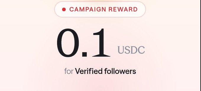 A campaign reward graphic reads “CAMPAIGN REWARD,” “0.1 USDC,” and “for Verified followers.”