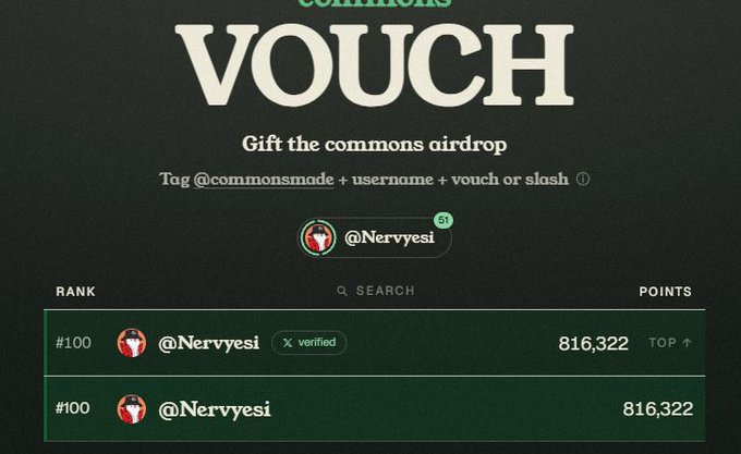 A 'COMMONS VOUCH' leaderboard screenshot showing instructions to 'Gift the commons airdrop' by tagging @commonsmade, with @Nervyesi ranked #100 with 816,322 points.
