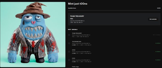 The image shows a 3D-rendered blue cartoon character wearing a brown hat and tattered suit with sharp teeth, alongside mint details for the "t00ns" NFT collection, listing a price of $17, supply of 5,000, and a team treasury allocation of 200 units, matching the post's announcement about the upcoming t00ns mint on Ethereum.