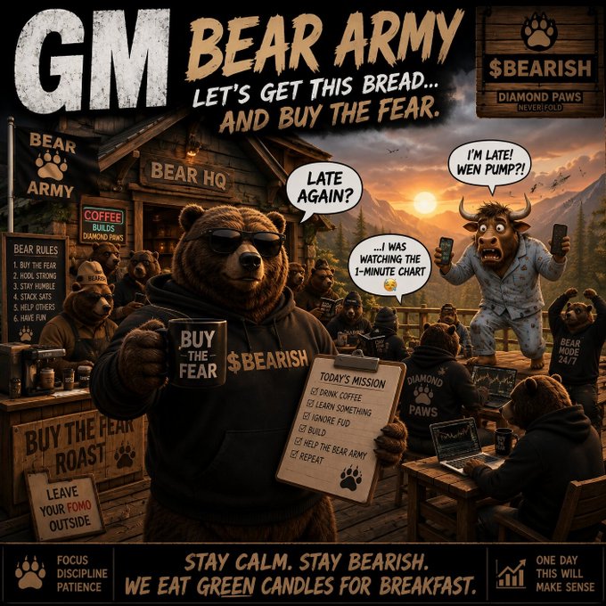 A humorous crypto-themed illustration featuring an anthropomorphic bear wearing 'BEARISH' apparel at 'BEAR HQ,' with speech bubbles about charts and trading, and slogans including 'LET'S GET THIS BREAD... AND BUY THE FEAR' and 'STAY CALM. STAY BEARISH. WE EAT GREEN CANDLES FOR BREAKFAST.'