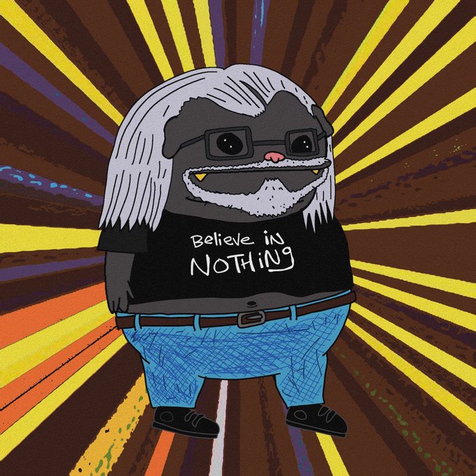 A cartoon character with long gray hair and glasses wears a black t-shirt that reads 'Believe in NOTHING,' standing in front of a vibrant, radiating sunburst background.