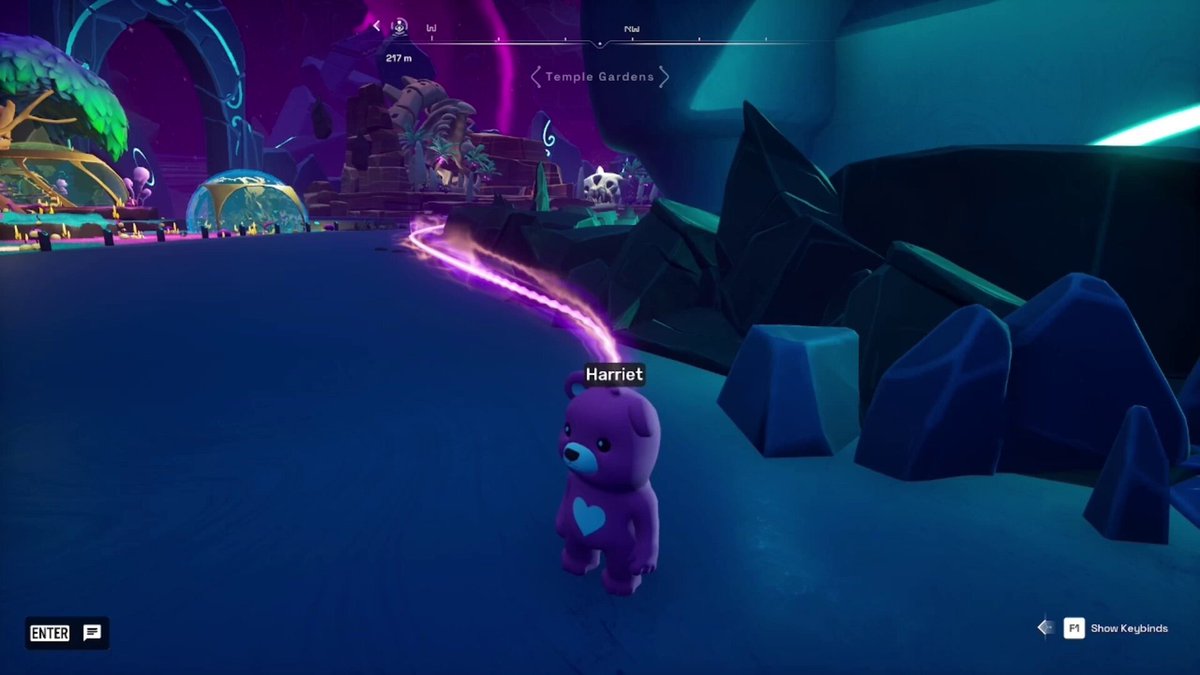 urns of purple and blue, a pink dragon, and a purple bear populate a fantastical landscape with a castle-like structure and a rainbow bridge.