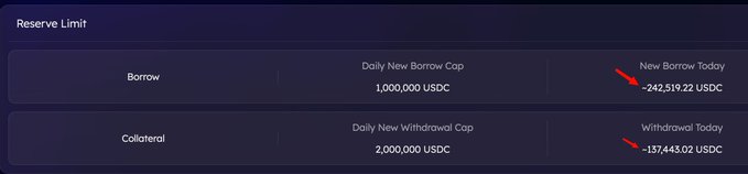 A digital interface displaying 'Reserve Limit' for 'Borrow' and 'Collateral', showing 'New Borrow Today' as -242,519.22 USDC and 'Withdrawal Today' as -137,443.02 USDC.