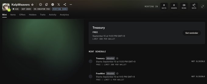 A webpage screenshot of KelpWeaves NFT minting details, showing a treasury minting on September 10 at 11:00 PM GMT+9.