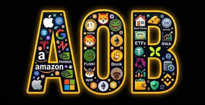 The letters 'AOB' displayed in glowing gold against a black background, filled with various icons including Apple, Amazon, Google, NVIDIA, Tesla, DOGE, FLOKI, Bonk, WIF, Ethereum, Real Estate, BONDS, ETFs, and RWA.