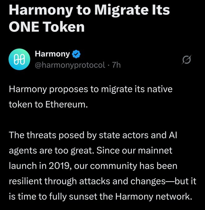 The image is a tweet from Harmony (@harmonyprotocol) announcing a proposal to migrate its native ONE token to Ethereum, citing threats from state actors and AI agents as the reason to sunset the Harmony network.

The post likely alludes to Chainlink ($LINK), suggesting that the threats mentioned by Harmony—particularly regarding interoperability and cross-chain security—are issues that Chainlink aims to solve, hinting at LINK's role in secure cross-chain infrastructure.