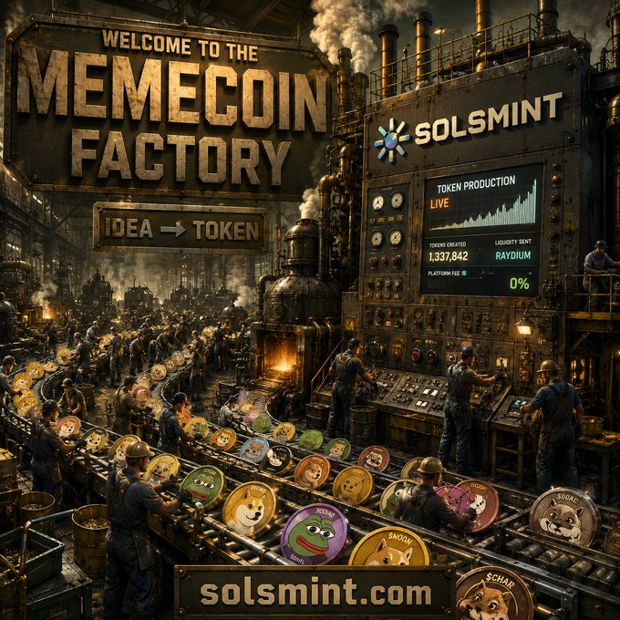 Steampunk industrial factory scene titled 'WELCOME TO THE MEMECOIN FACTORY' showing workers processing various doge-themed meme coins on conveyor belts, with branding for 'SOLSMINT' and 'solsmint.com'.