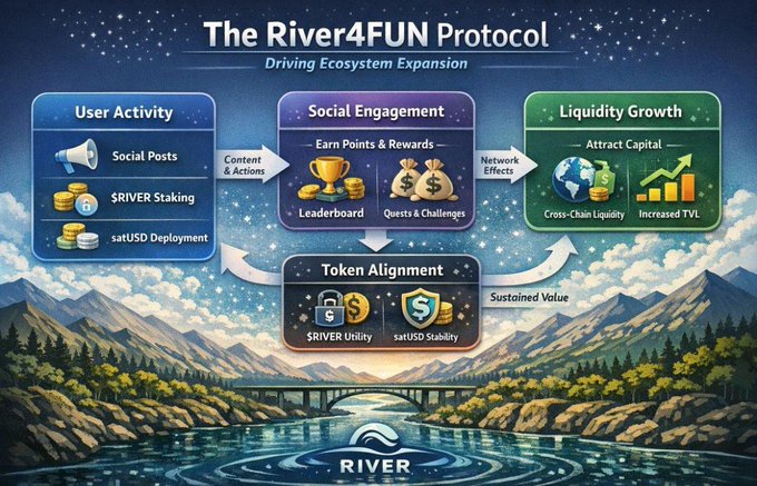 The poster features a digital illustration of an ecosystem with a mountain backdrop. It presents three stages of River4Fun's protocol, each associated with specific terms such as "user activity", "driving ecosystem expansion", and "@RiverdotInc". In the top right corner, there is a call-to-action encouraging users to actively participate in the River4Fun community for reward points and increased capital gains. The rest of the poster emphasizes the expanding user base across ecosystems through smart vaulting and rewards tied to actual participation, rather than passive holding.