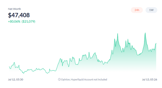 A portfolio dashboard shows a net worth of **$47,408** with an **+80.06% ($21,079)** gain over the past 24 hours, displayed on a teal line chart tracking growth from July 12 at 05:30 to July 13 at 05:26. The image complements the post's excitement about meme coin gains, visually capturing the kind of rapid portfolio surge ("broken 50 million won") the user is celebrating.