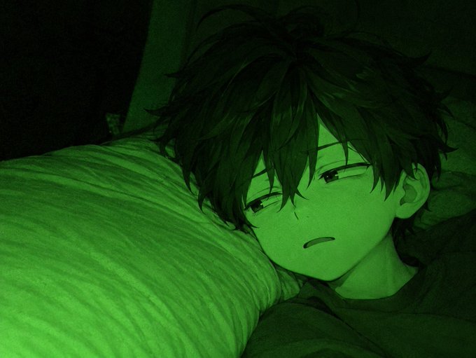 An anime-style illustration of a young man with messy dark hair resting his head on a pillow, bathed in a dark green monochromatic tint.