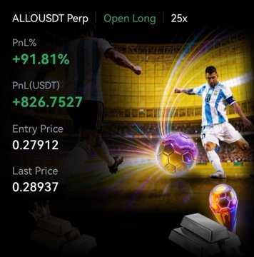 The image displays a cryptocurrency futures trading interface for ALLO/USDT Perp, showing a long position with 25x leverage that has gained +91.81% in profit (+826.7527 USDT), with an entry price of 0.27912 and a last price of 0.28937. The graphic features a soccer player kicking a ball in a stadium setting, aligning with the post's hashtag #BTR and Turkish text referencing a free group where AI trading signals like ALLO are discussed.