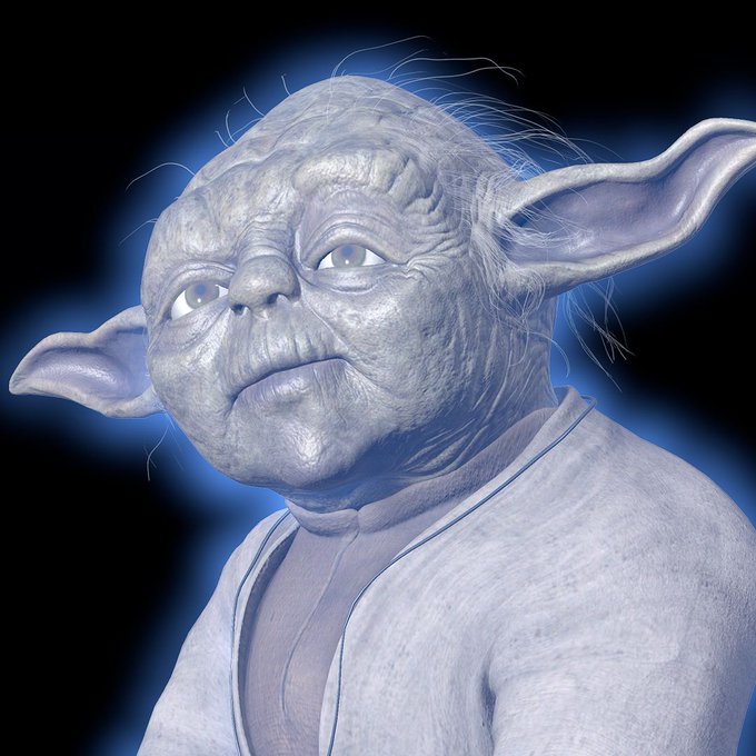 A 3D-rendered portrait of a Yoda-like character with wrinkled gray skin, large pointed ears, and sparse white hair, wearing a white robe against a blue background.
