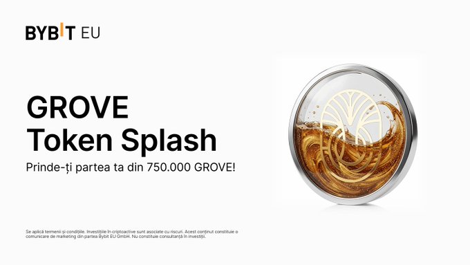 A promotional banner for Bybit EU advertising a 'GROVE Token Splash' event offering a share of 750,000 GROVE, featuring a 3D coin graphic.